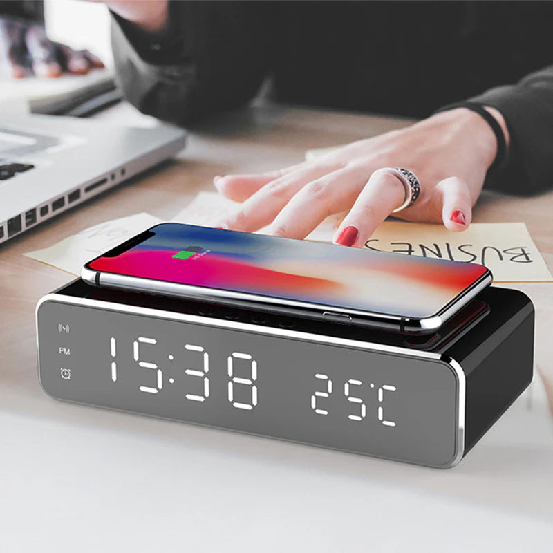 LED Electric Alarm Clock with Wireless Charger Desktop Digital Despertador Thermometer Clock HD Mirror Clock Watch Table Decor