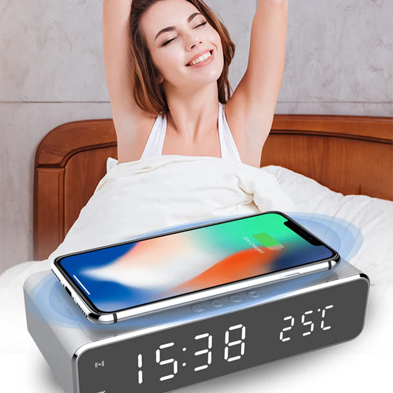 LED Electric Alarm Clock with Wireless Charger Desktop Digital Despertador Thermometer Clock HD Mirror Clock Watch Table Decor